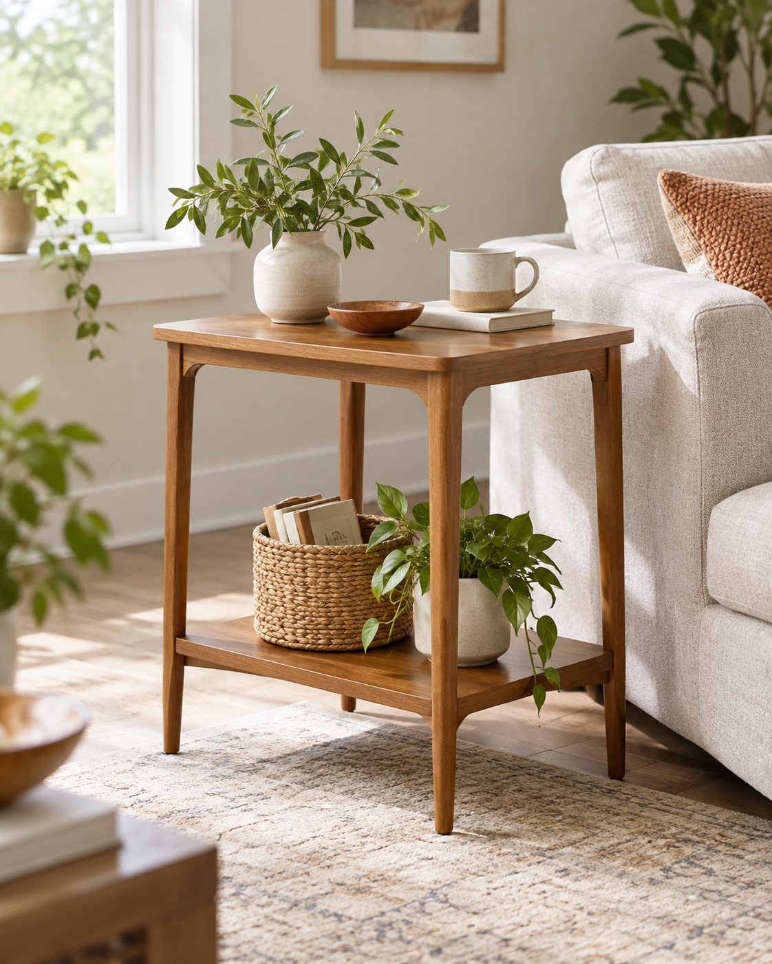 AI-generated visualization approximating the VASAGLE ULET332K01 two-tier rectangular end table in a small living room