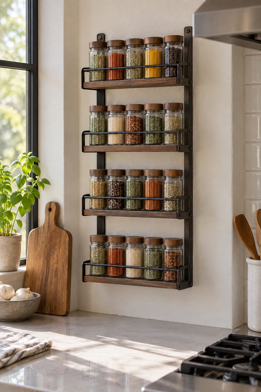 11 Wall-Mounted Spice Racks for Small Kitchens With No Counter Space Four-tier rustic brown wall spice rack with plain jars in a compact kitchen