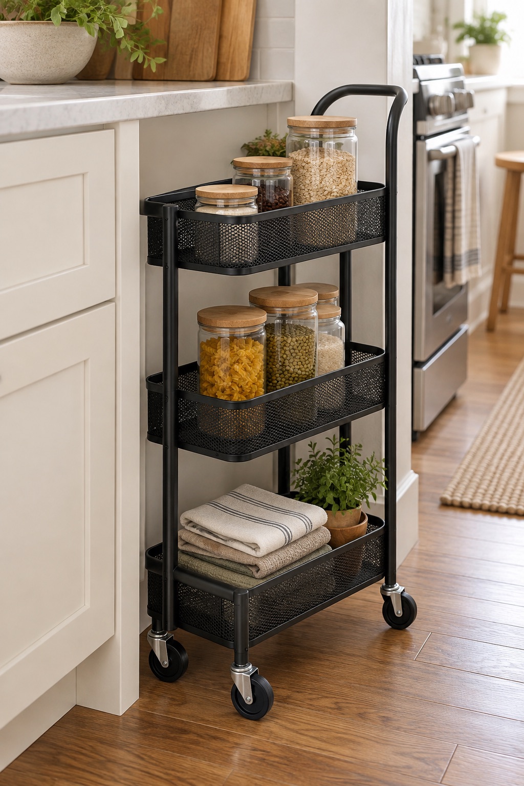 11 Slim Rolling Storage Carts for Awkward Gaps Under 8 Inches AI-generated visualization approximating a black metal three-tier narrow rolling cart in a compact kitchen.