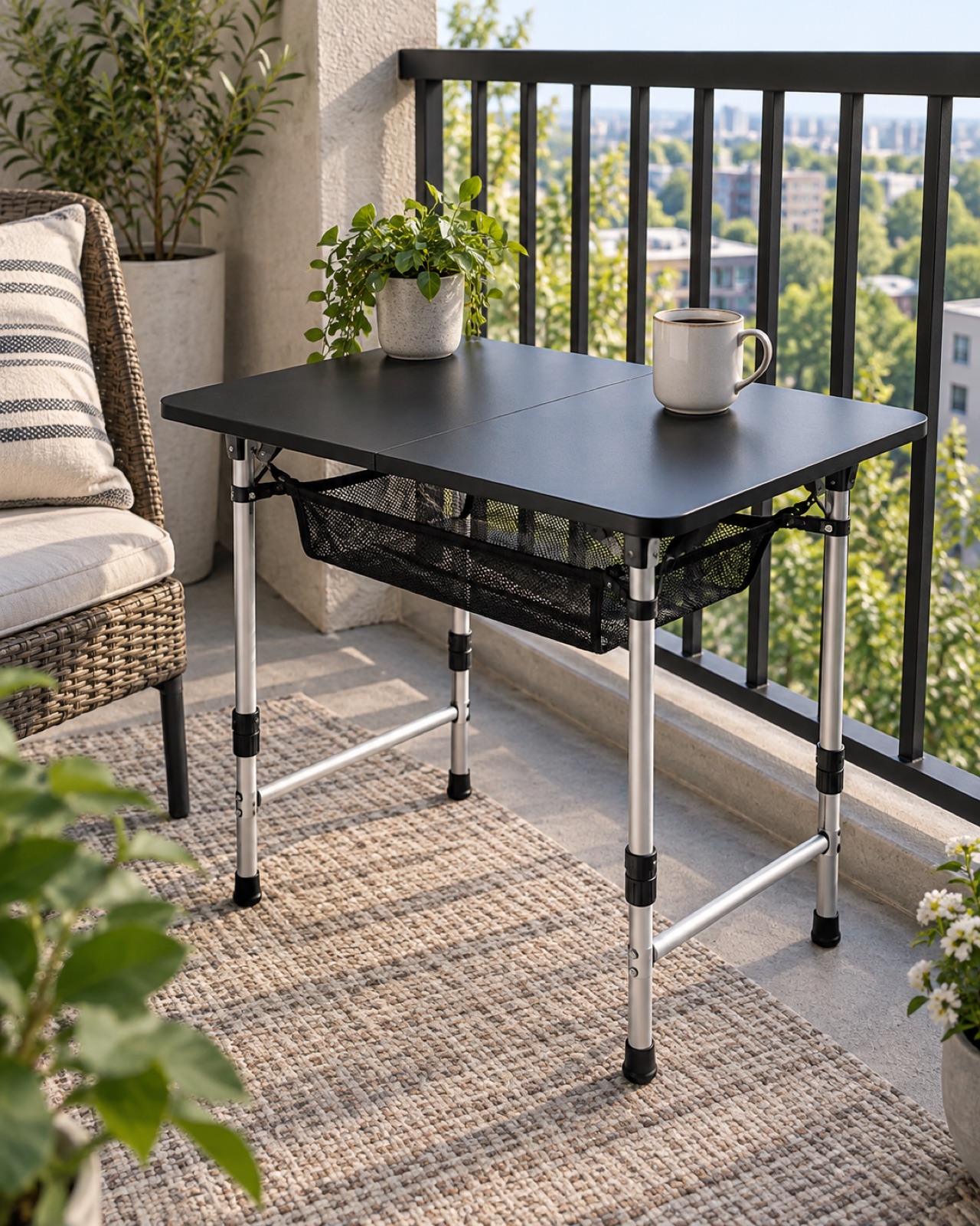 12 Compact Outdoor Side Tables for Small Patios and Balconies AI-generated visualization approximating the black Anbte adjustable folding table with mesh storage