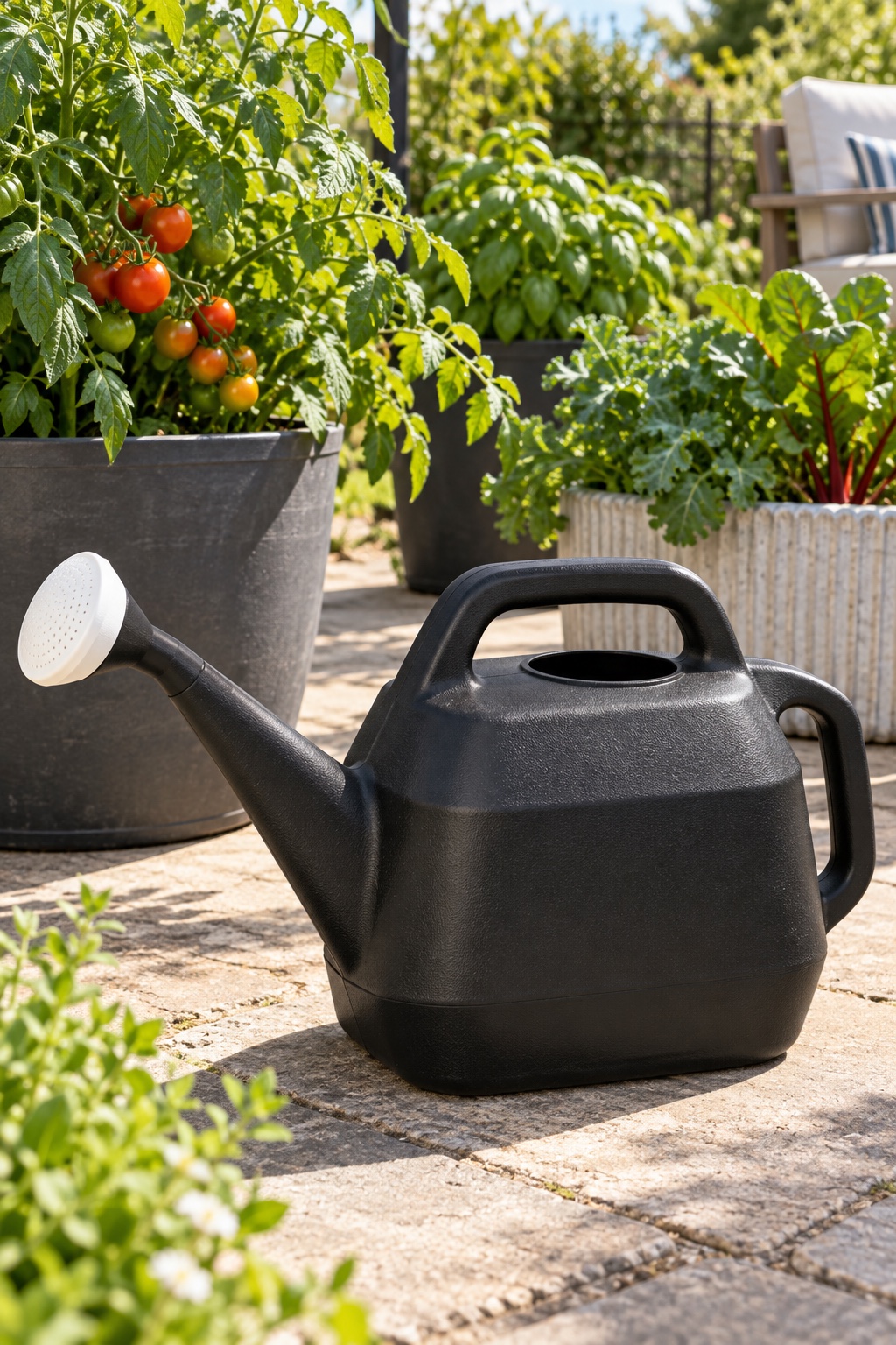 10 Long-Spout Watering Cans for Crowded Plant Shelves and Patio Pots AI-generated visualization accurately approximating the black Chapin 47998 two-gallon watering can with white shower nozzle.