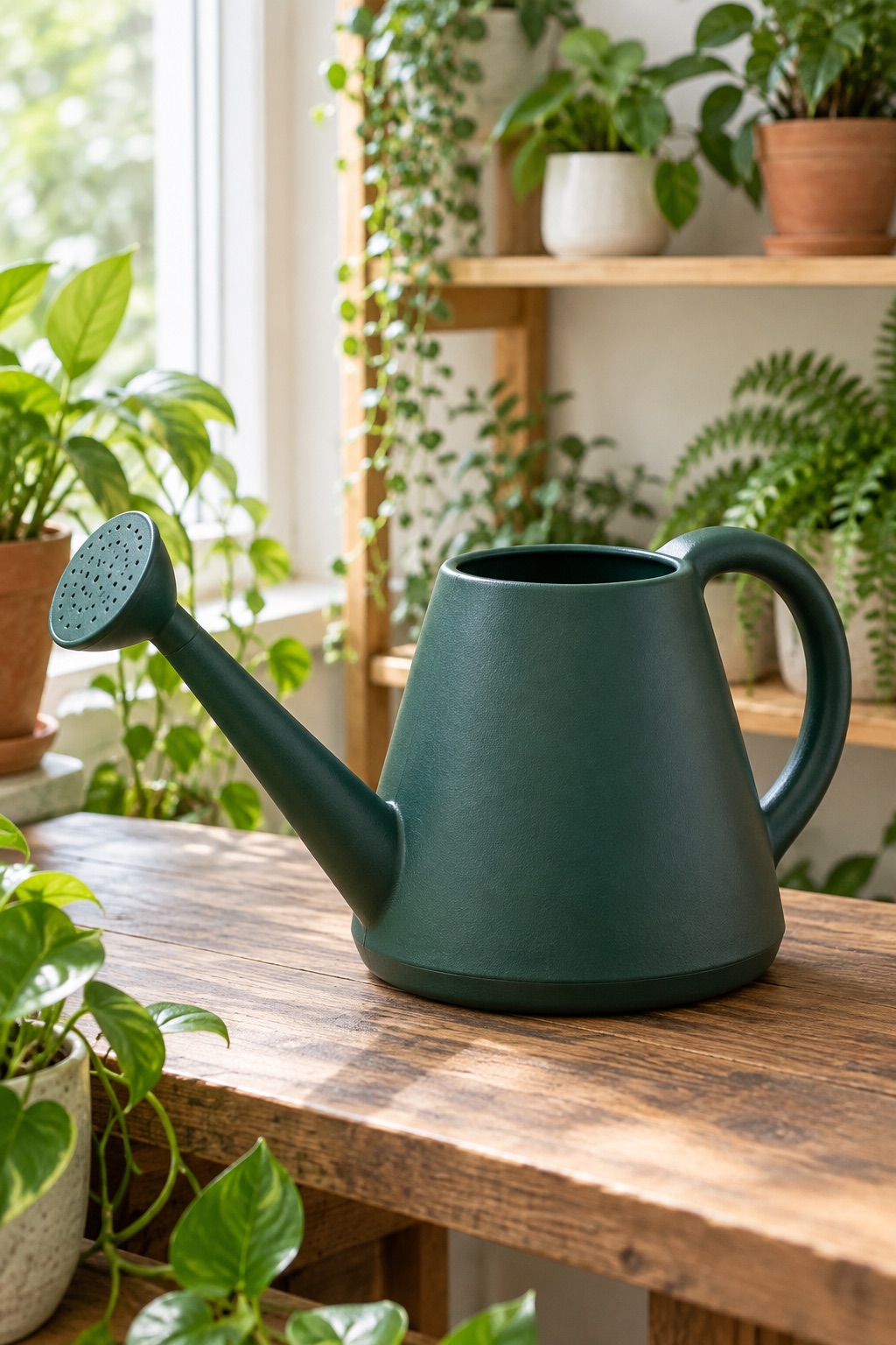 AI-generated visualization approximating the dark-green Etarewilt 60-ounce watering can beside houseplants.