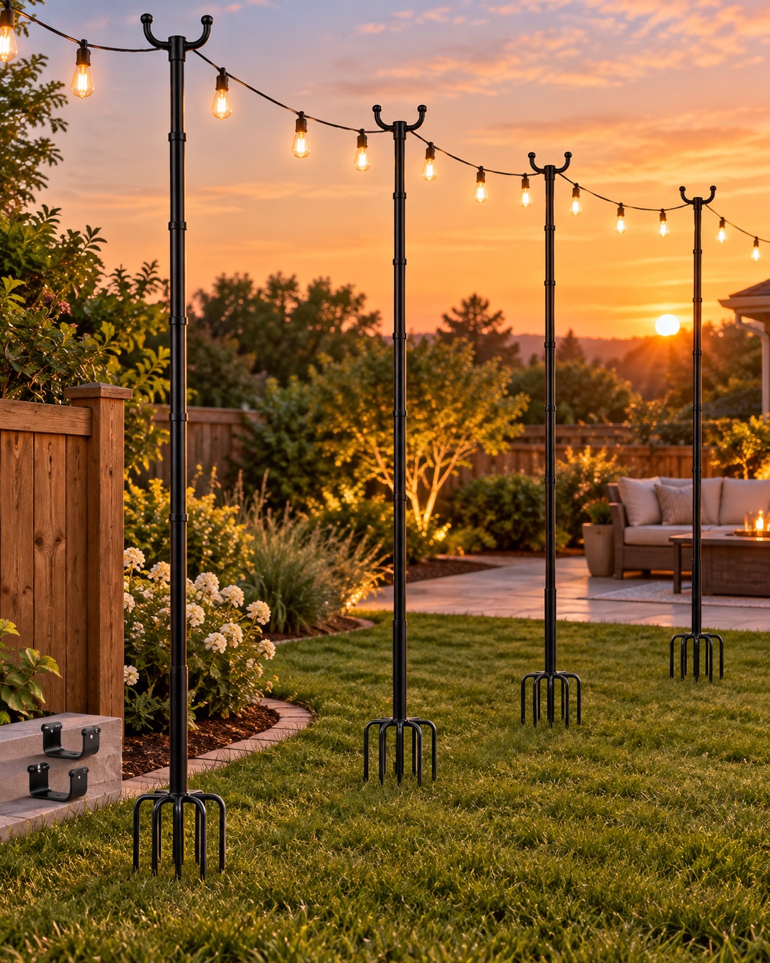 AI-generated visualization approximating the design of FEED GARDEN 2-in-1 string light poles around a patio.