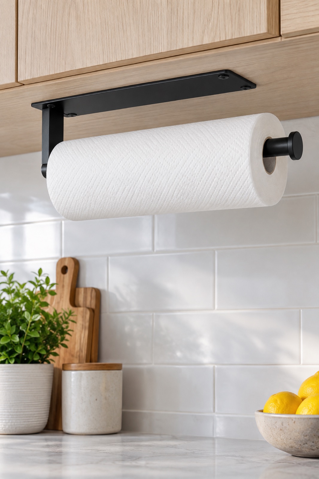 10 Wall-Mounted Paper Towel Holders for Rental Kitchens With Limited Counter Space AI-generated visualization approximating the FISHCLOUD black reinforced paper towel holder beneath a wood cabinet.