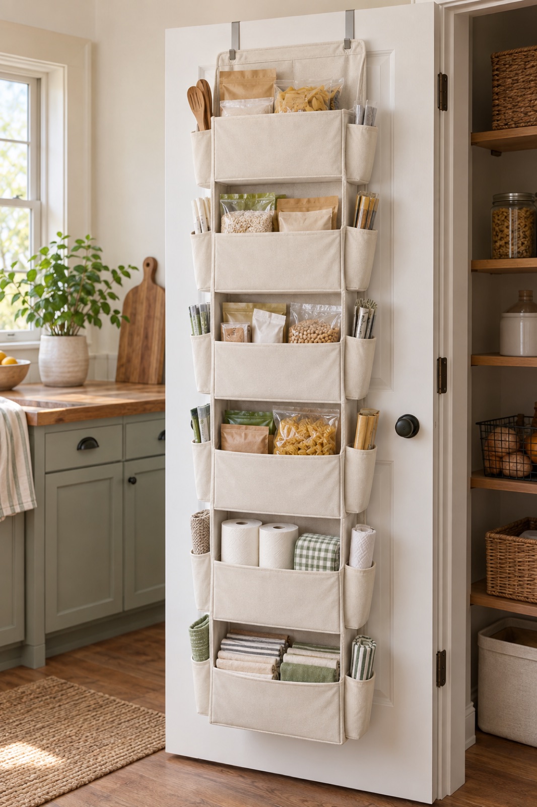 11 Over-the-Door Pantry Organizers for Narrow Kitchen Storage AI-generated visualization approximating the HOMELUX THEORY ivory six-tier over-door organizer in a pantry.
