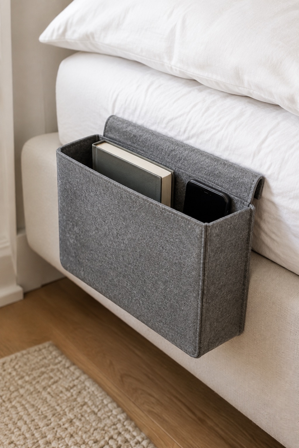 AI-generated visualization approximating the design of the Kikkerland Bedside Pocket beside a bed.