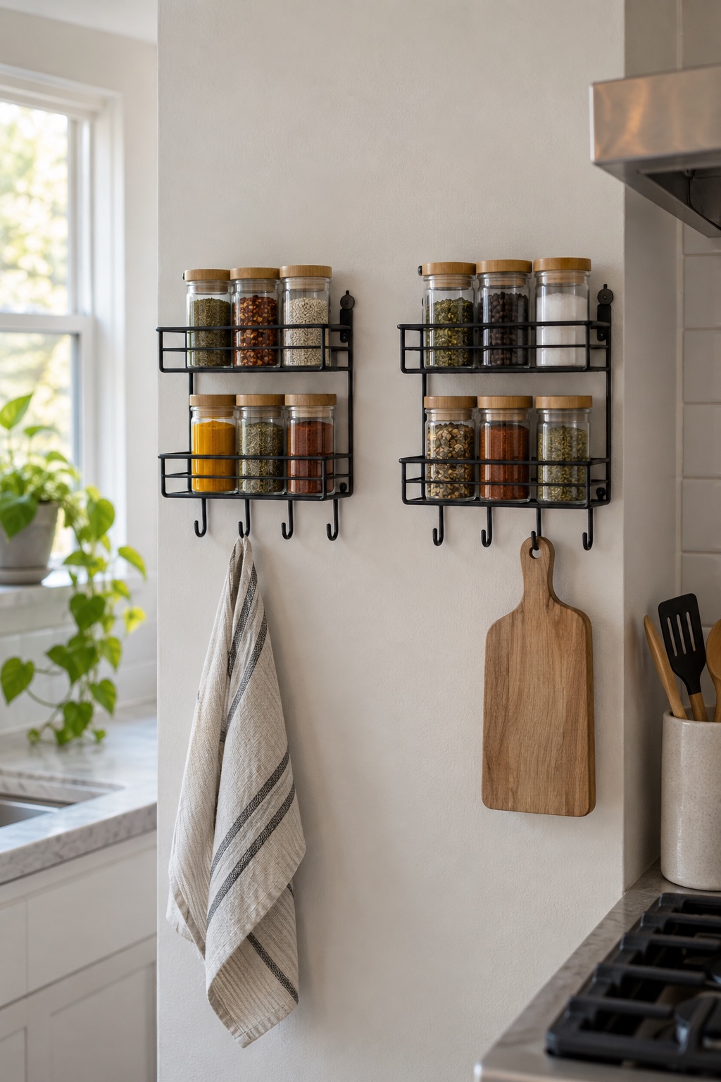 11 Wall-Mounted Spice Racks for Small Kitchens With No Counter Space Pair of black wire spice shelves with hooks on a kitchen wall