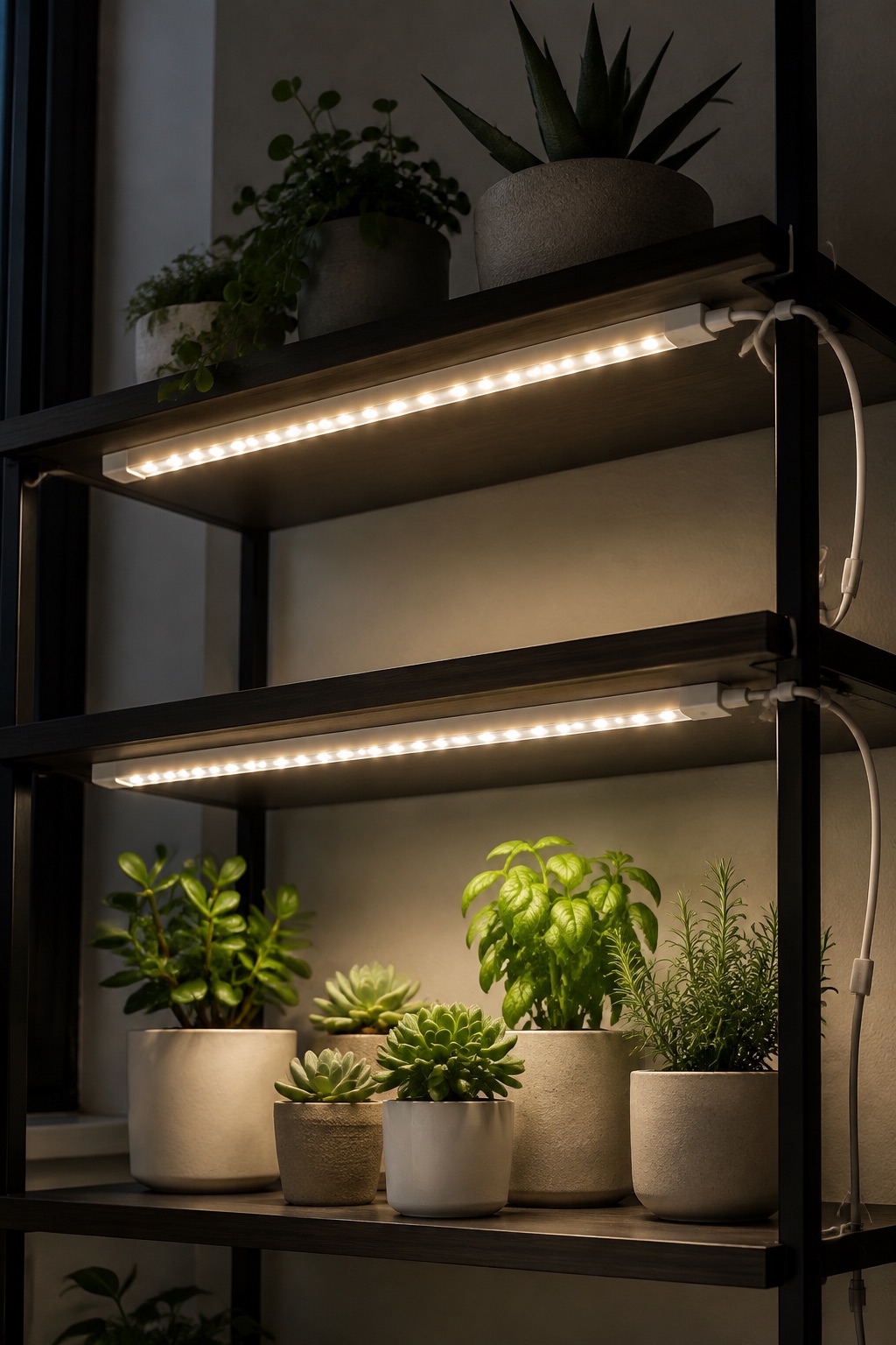 11 Compact Grow Lights for Dark Apartment Plant Shelves and Corners AI-generated visualization approximating LED grow light strips on a narrow plant shelf
