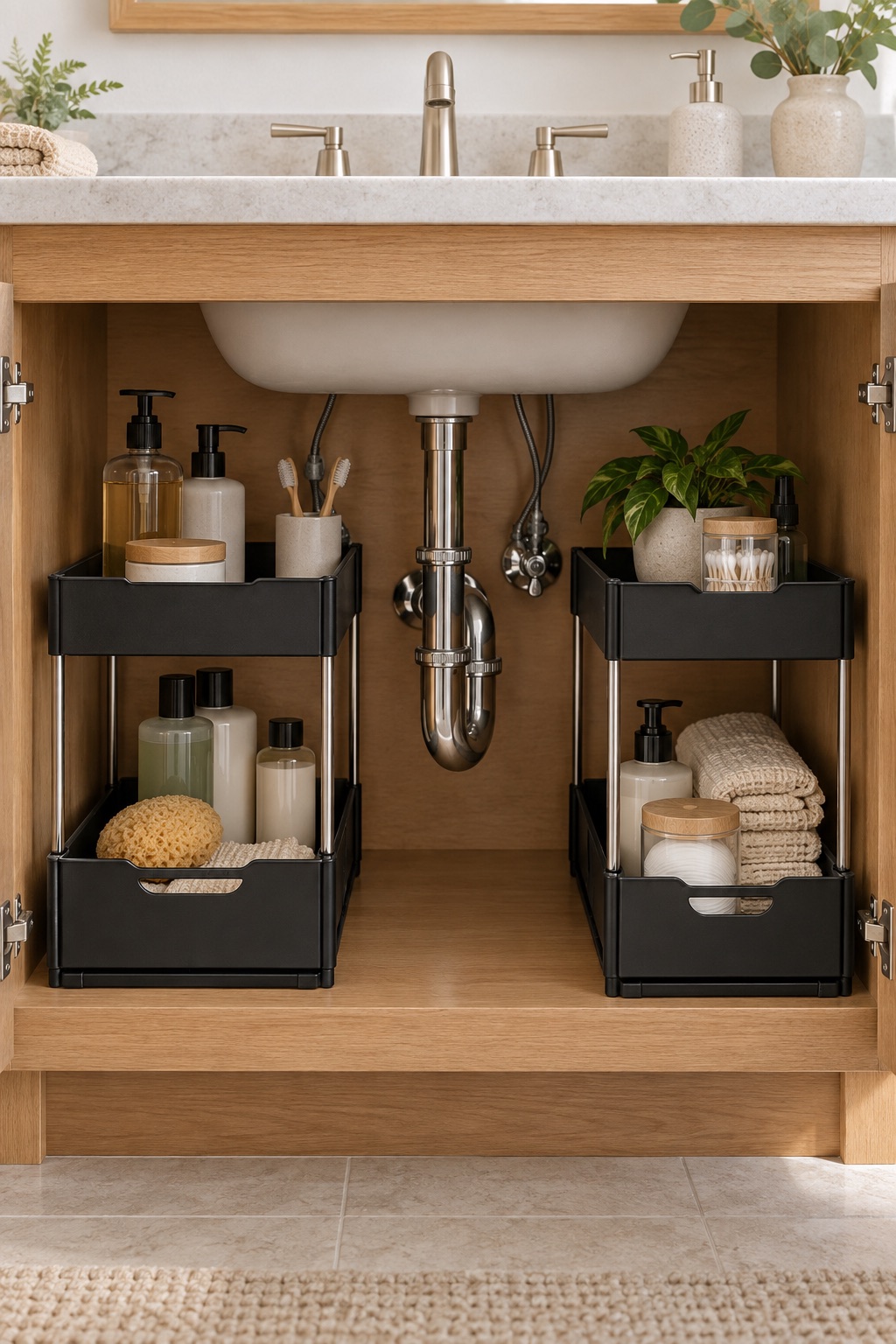 10 Under-Sink Organizers for Pipe-Crowded Bathroom Vanities AI-generated visualization of narrow pull-out organizers beside vanity plumbing