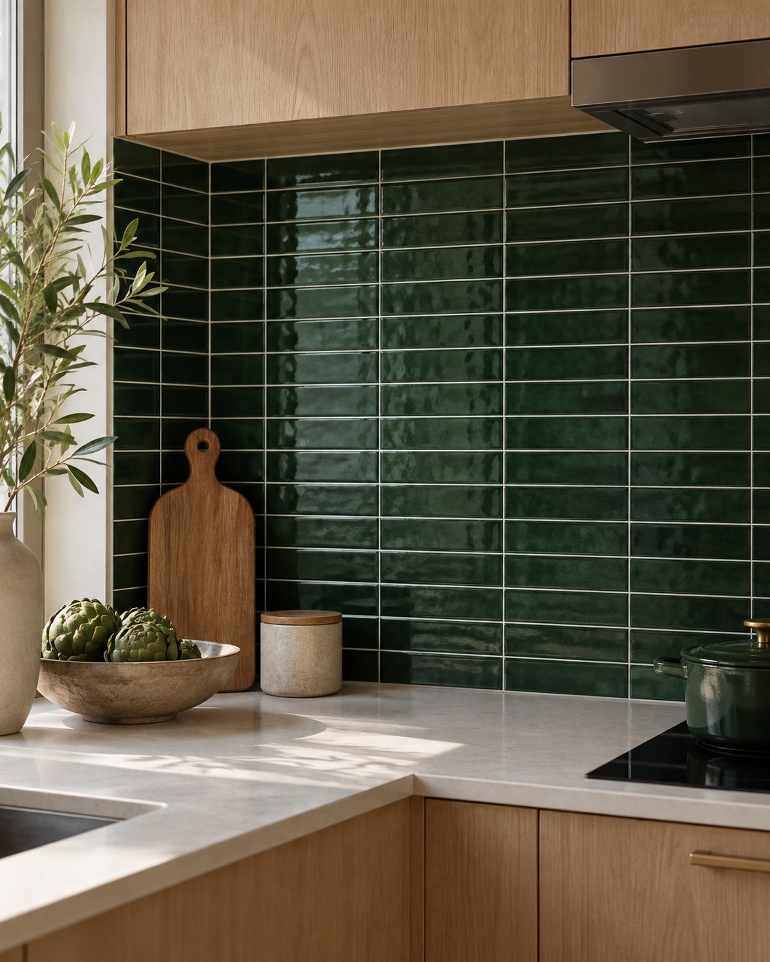 Glossy forest green stacked peel-and-stick backsplash in a compact kitchen