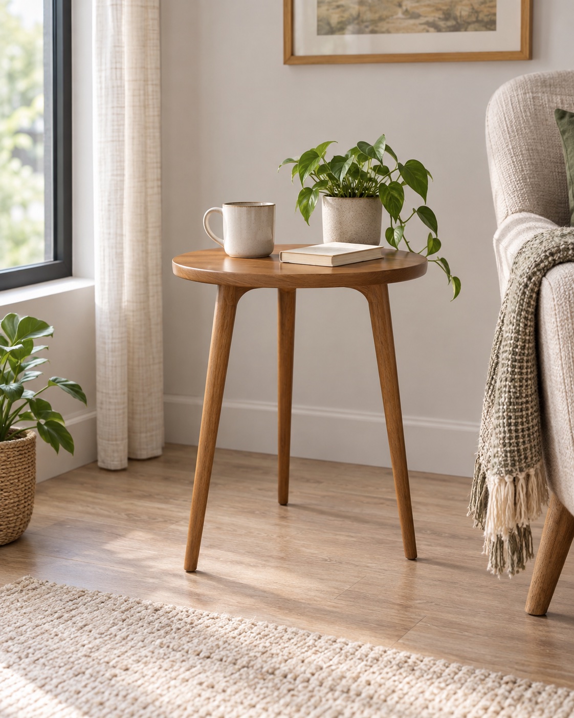 AI-generated visualization approximating the VASAGLE ULET237KB01S round honey-brown end table beside a sofa