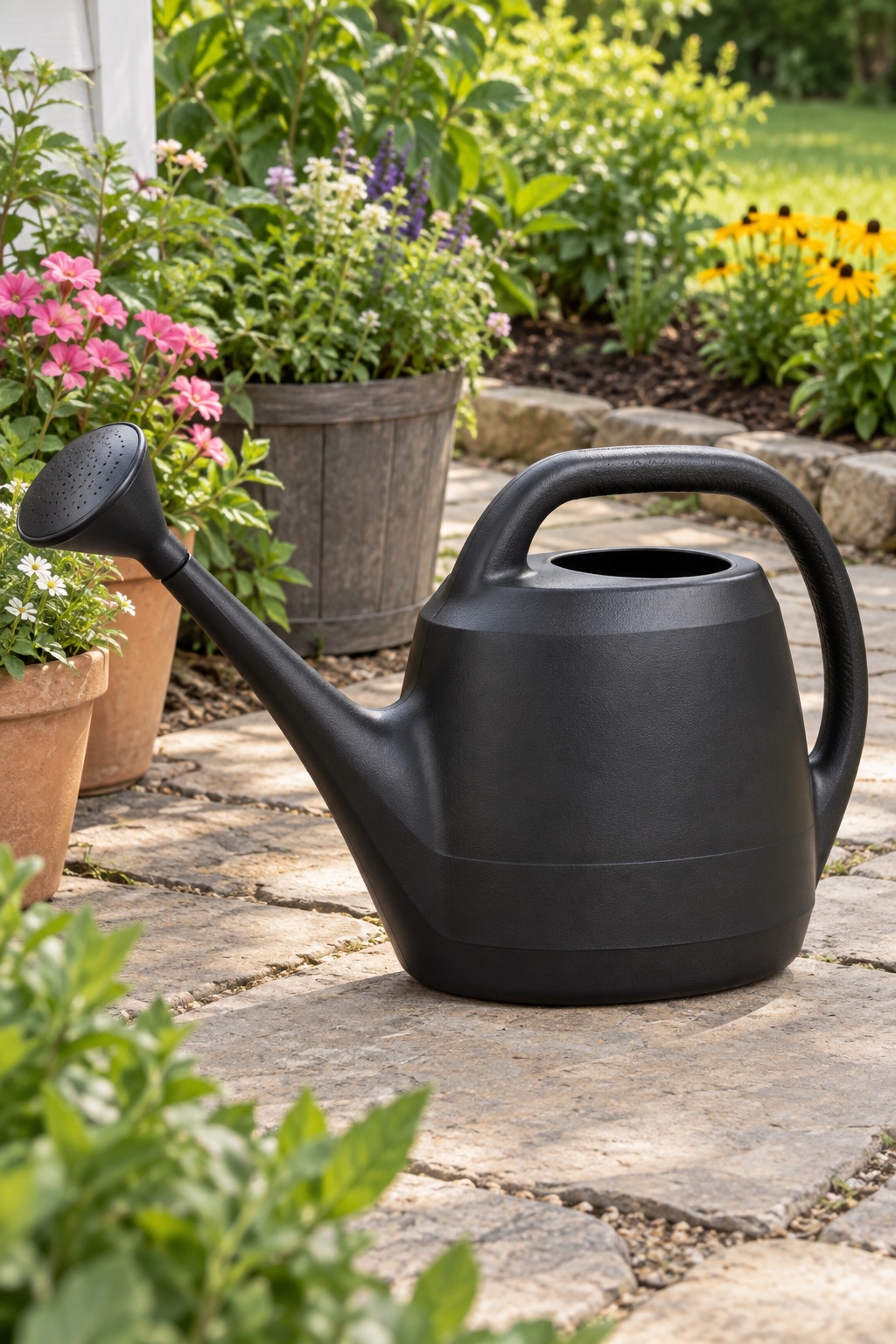 AI-generated visualization approximating the black Amazon Basics 2.64-gallon watering can in a container garden.