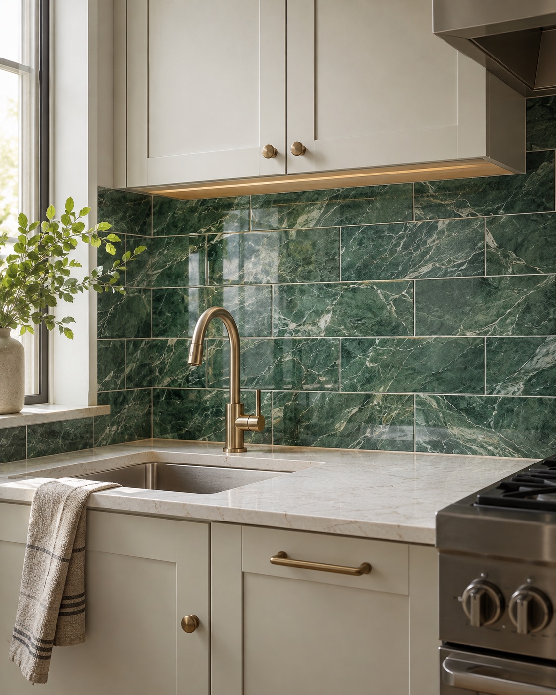 Jade green marble-look peel-and-stick backsplash in a rental kitchen