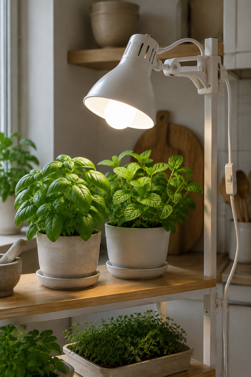 11 Compact Grow Lights for Dark Apartment Plant Shelves and Corners AI-generated visualization approximating an A19 grow bulb in a clamp fixture above kitchen herbs