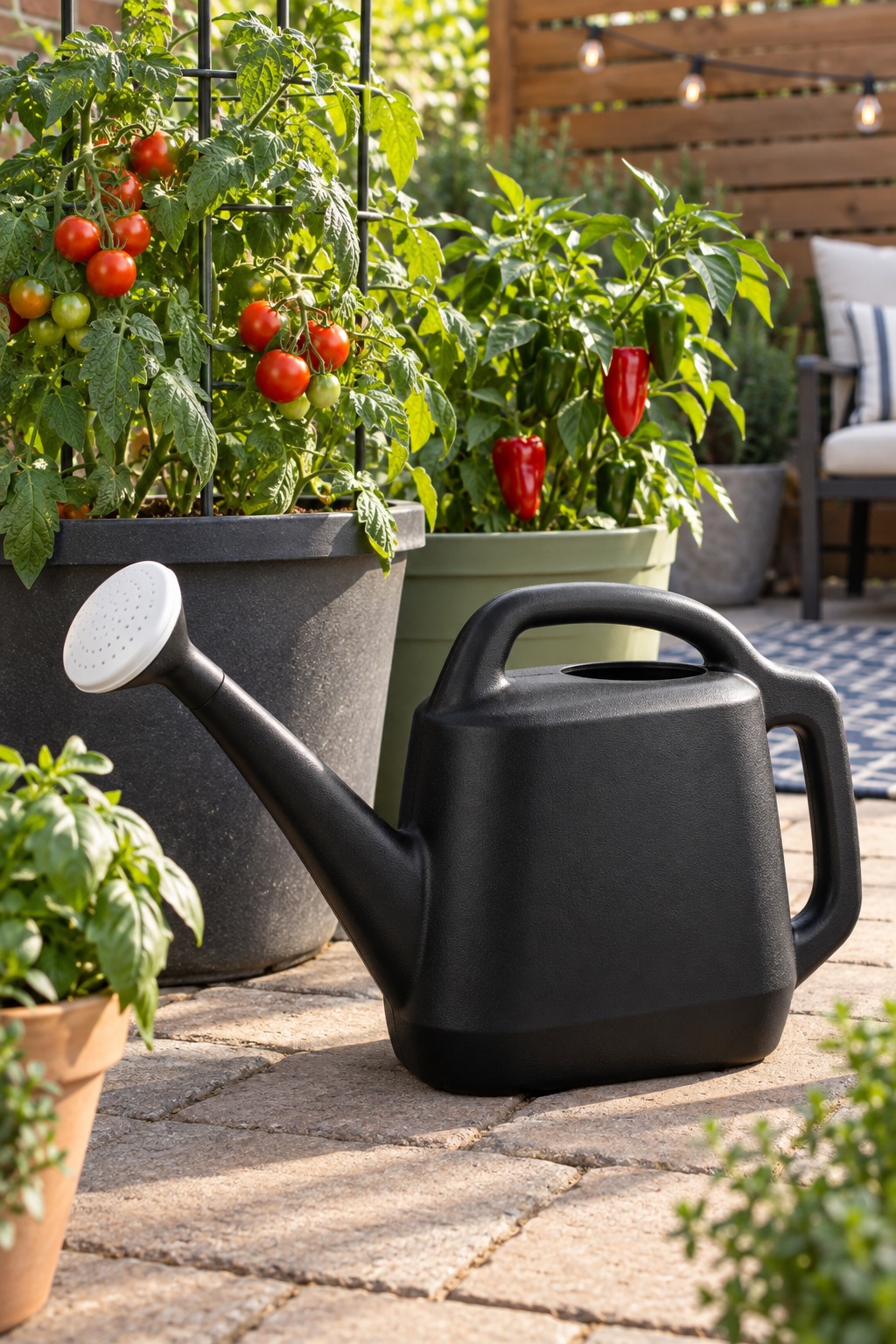 10 Long-Spout Watering Cans for Crowded Plant Shelves and Patio Pots AI-generated visualization accurately approximating the black Chapin 48010 two-gallon watering can beside patio vegetables.