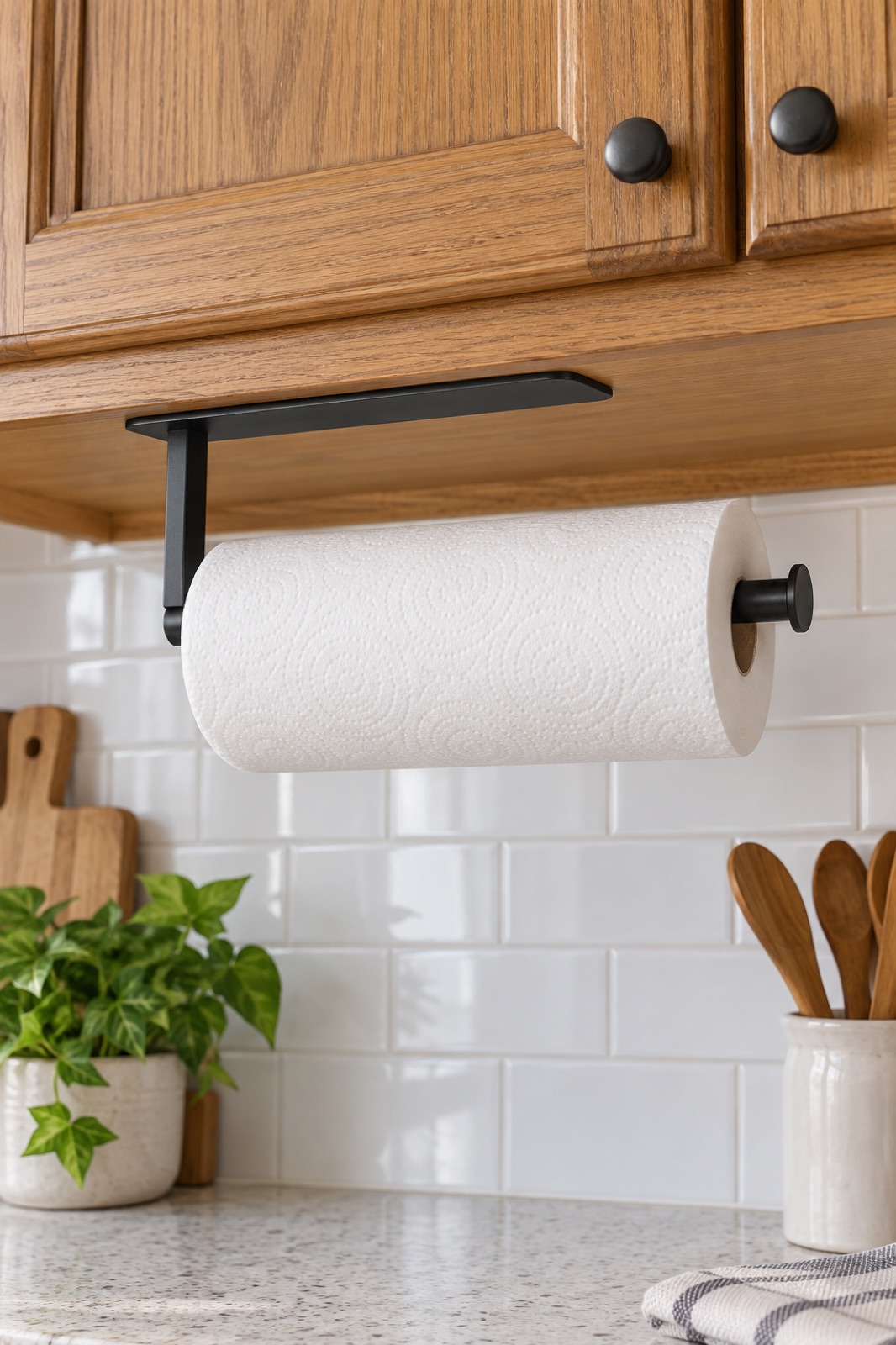 10 Wall-Mounted Paper Towel Holders for Rental Kitchens With Limited Counter Space AI-generated visualization approximating the DEKAVA black L-shaped paper towel holder mounted under an oak cabinet.