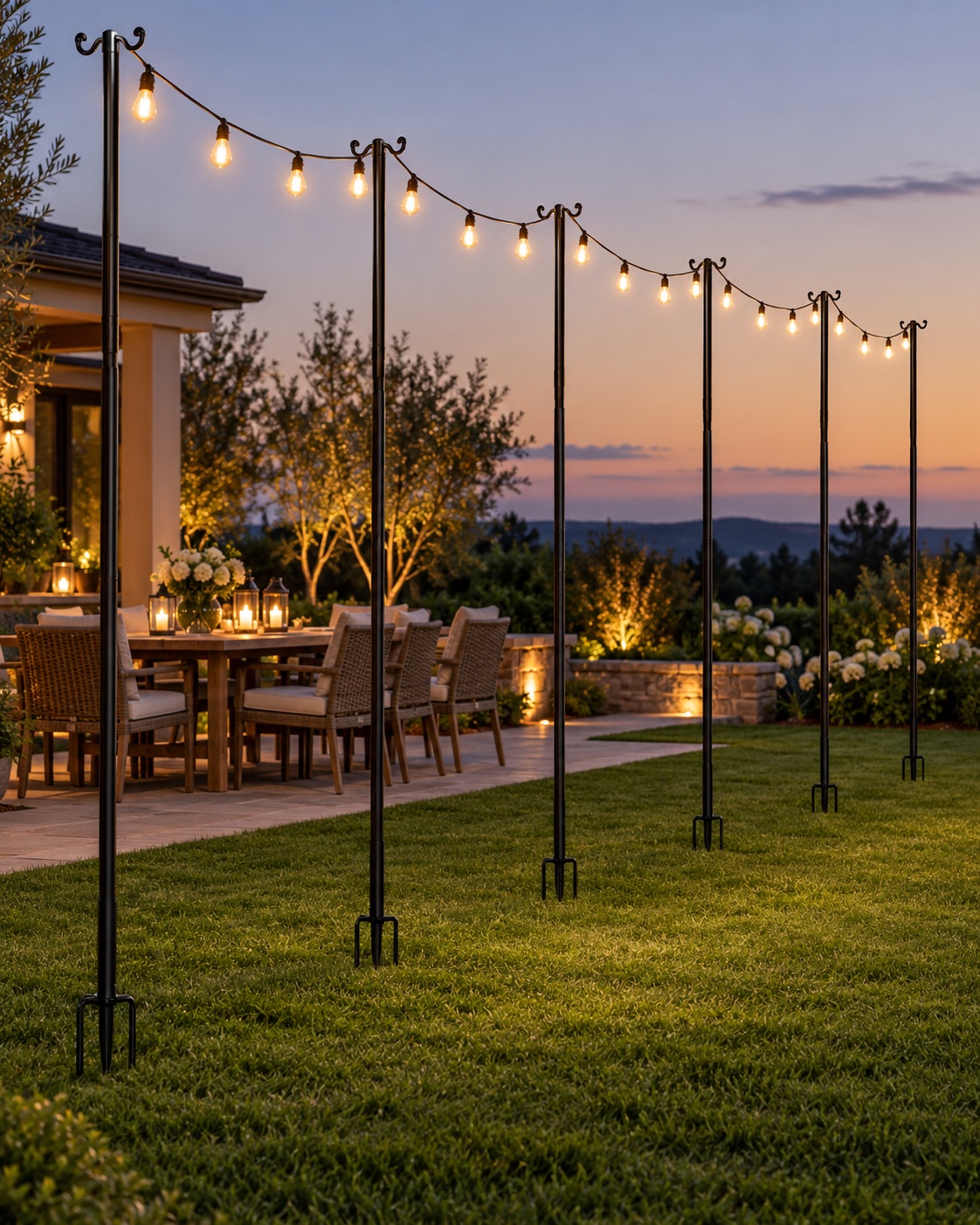AI-generated visualization approximating the design of JYTOBN fork-and-clamp string light poles in an outdoor setting.