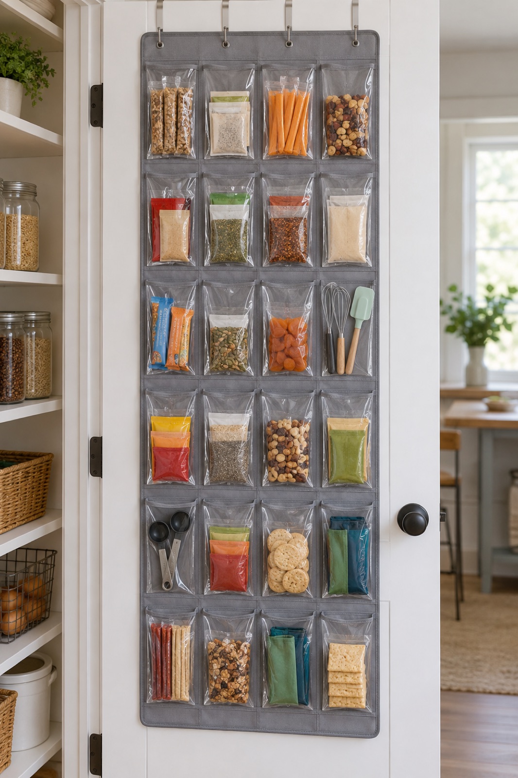 11 Over-the-Door Pantry Organizers for Narrow Kitchen Storage AI-generated visualization approximating the Simple Houseware gray 24-pocket over-door organizer.