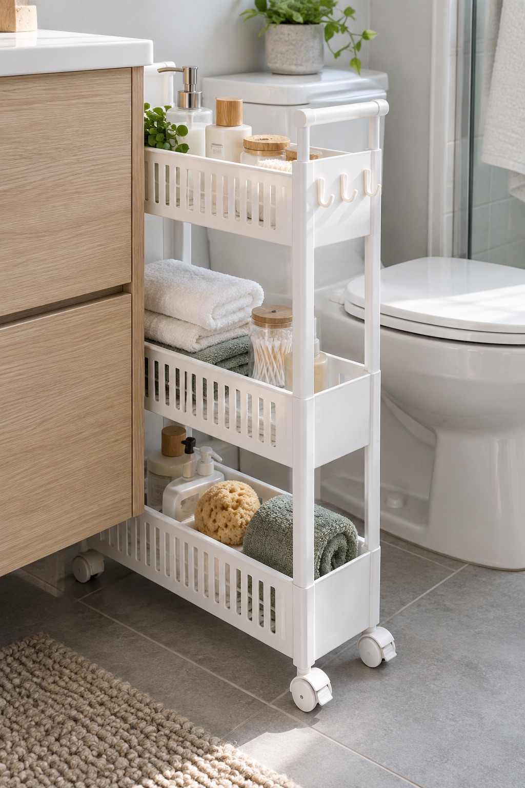 11 Slim Rolling Storage Carts for Awkward Gaps Under 8 Inches AI-generated visualization approximating a white three-tier slim cart with a handle in a small bathroom.