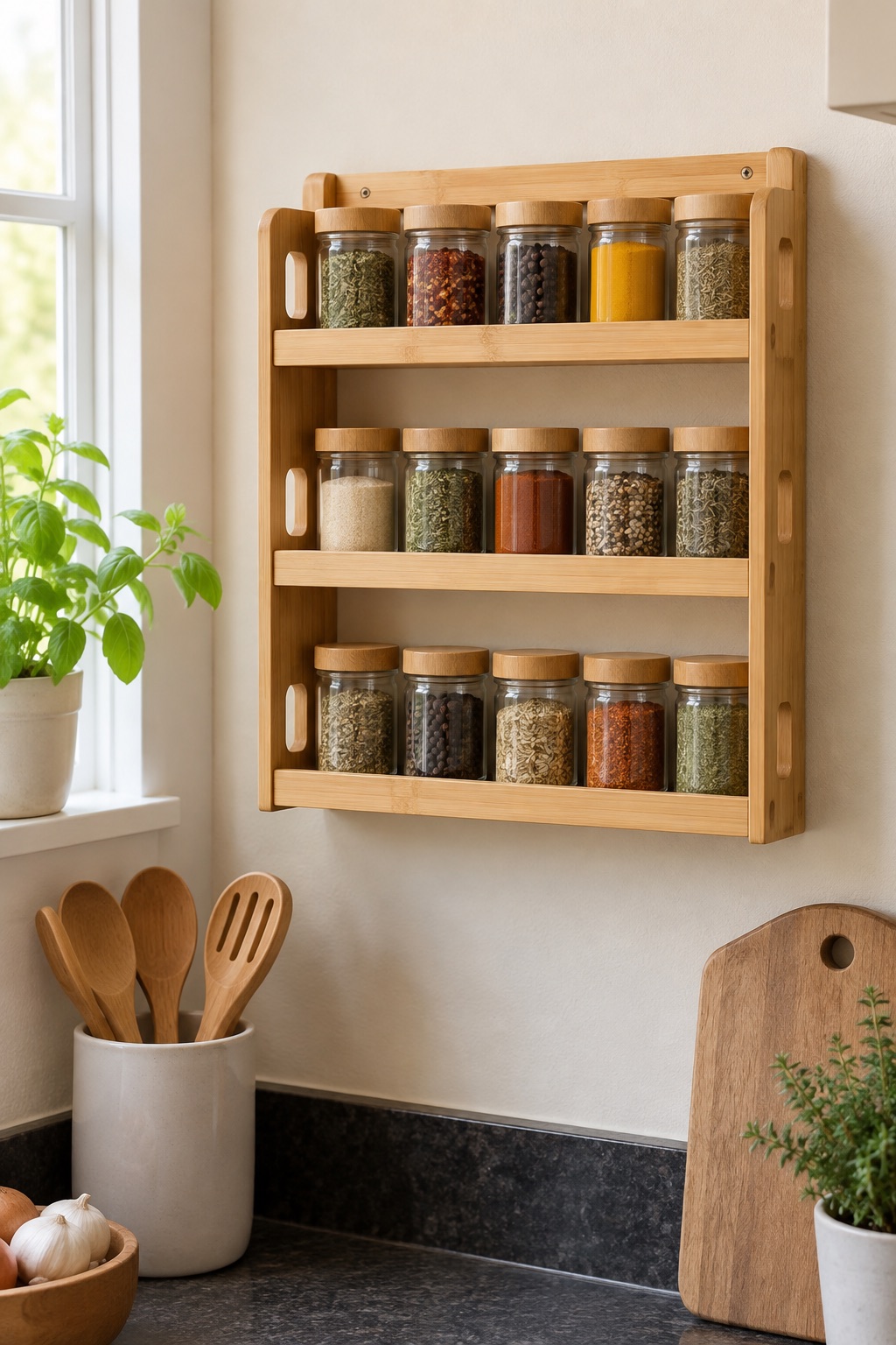 11 Wall-Mounted Spice Racks for Small Kitchens With No Counter Space Three-tier bamboo spice rack with plain jars mounted on a kitchen wall