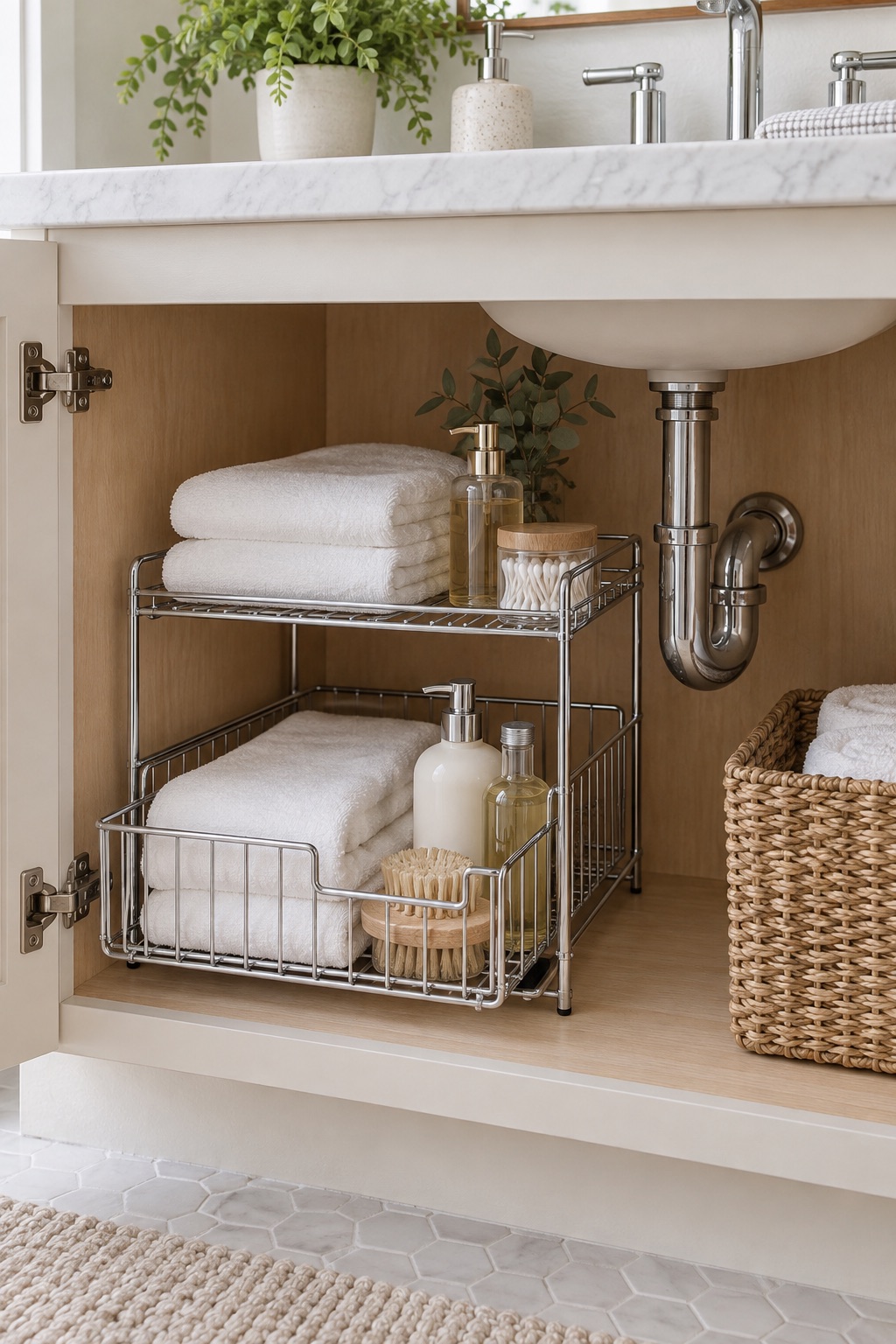 10 Under-Sink Organizers for Pipe-Crowded Bathroom Vanities AI-generated visualization of a chrome sliding wire basket beneath a bathroom sink
