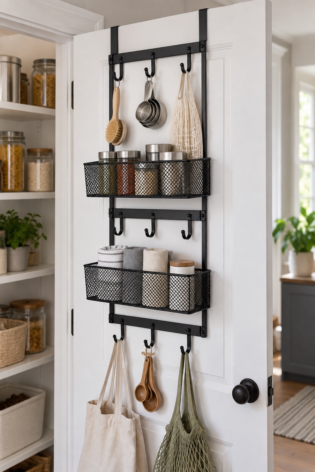 11 Over-the-Door Pantry Organizers for Narrow Kitchen Storage AI-generated visualization approximating the Consumest black over-door organizer with two baskets and nine hooks.