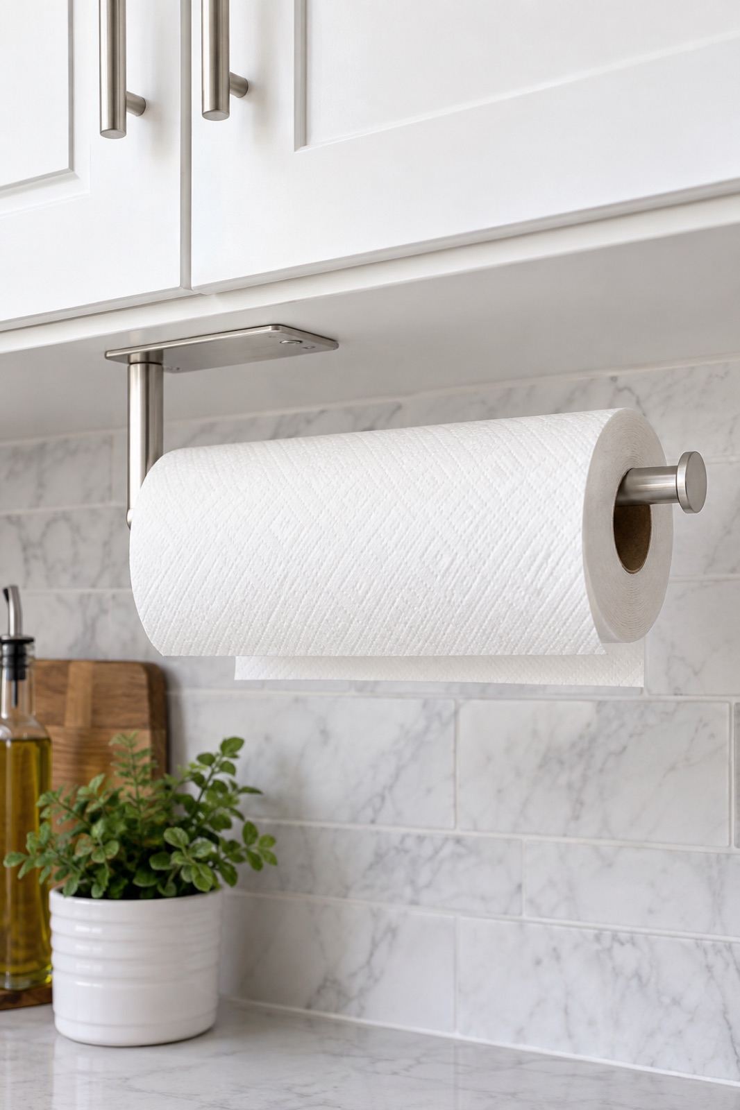 10 Wall-Mounted Paper Towel Holders for Rental Kitchens With Limited Counter Space AI-generated visualization approximating the DR CATCH silver stainless-steel paper towel holder under a cabinet.