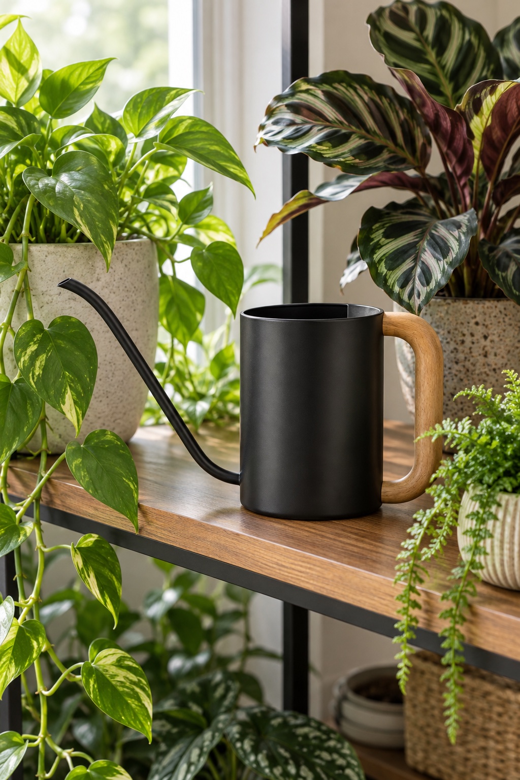 10 Long-Spout Watering Cans for Crowded Plant Shelves and Patio Pots AI-generated visualization accurately approximating the matte-black HB Design Co metal watering can with wood handle.