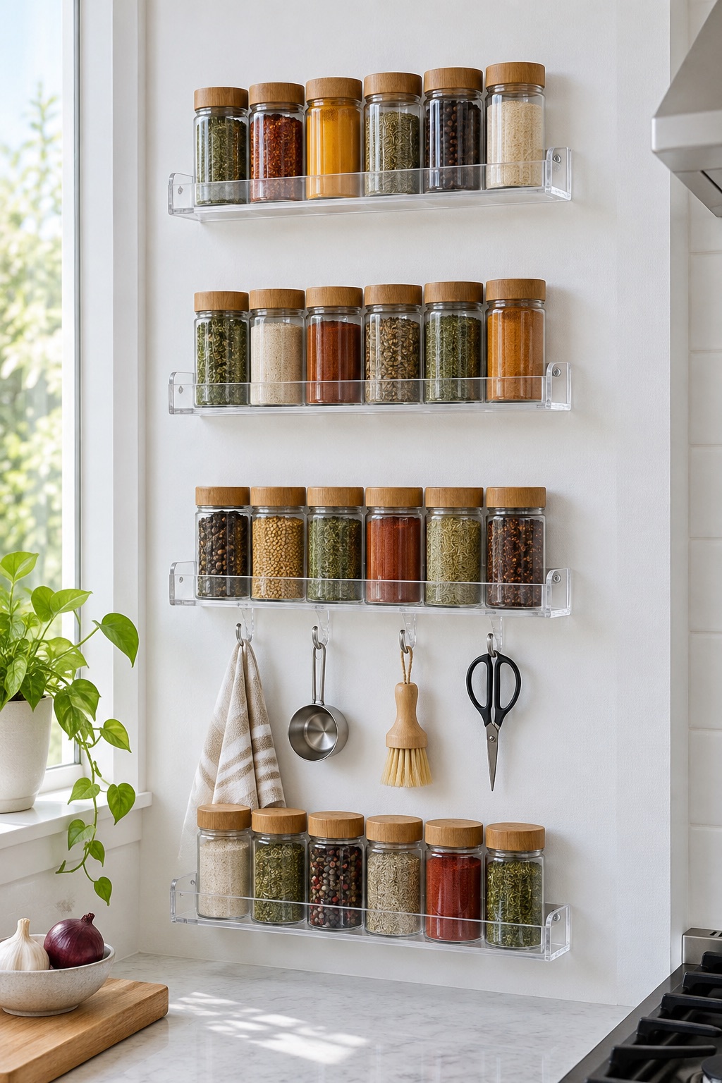 11 Wall-Mounted Spice Racks for Small Kitchens With No Counter Space Four clear narrow spice shelves with hooks mounted on a bright kitchen wall