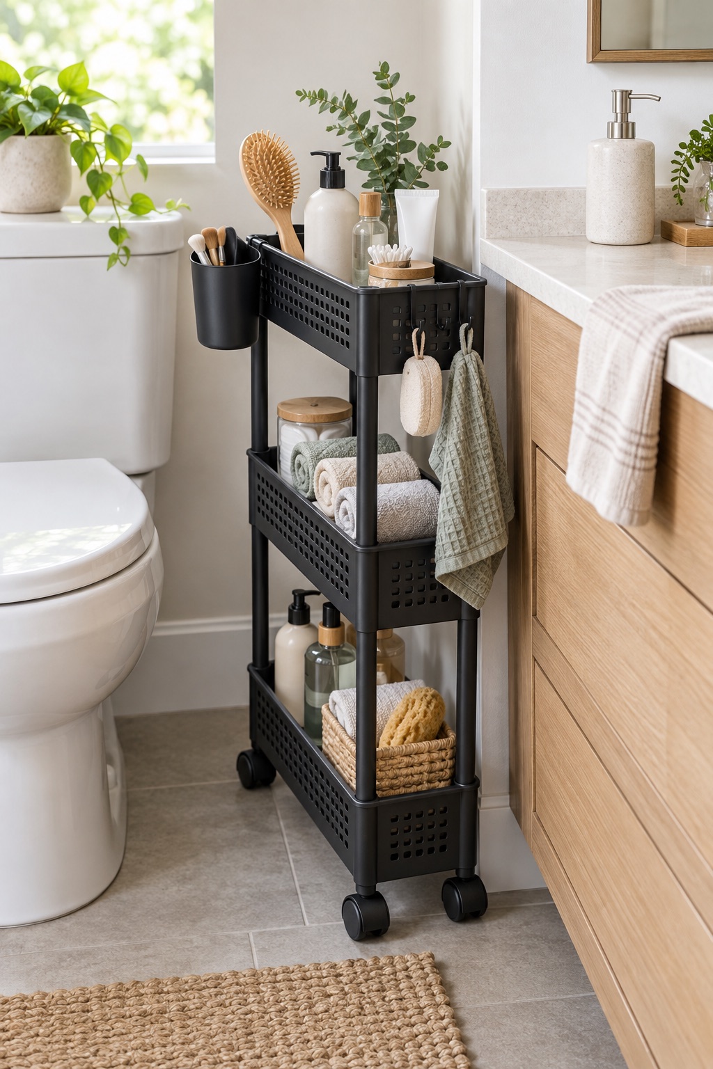 11 Slim Rolling Storage Carts for Awkward Gaps Under 8 Inches AI-generated visualization approximating a black three-tier slim bathroom cart with side hooks and a cup.