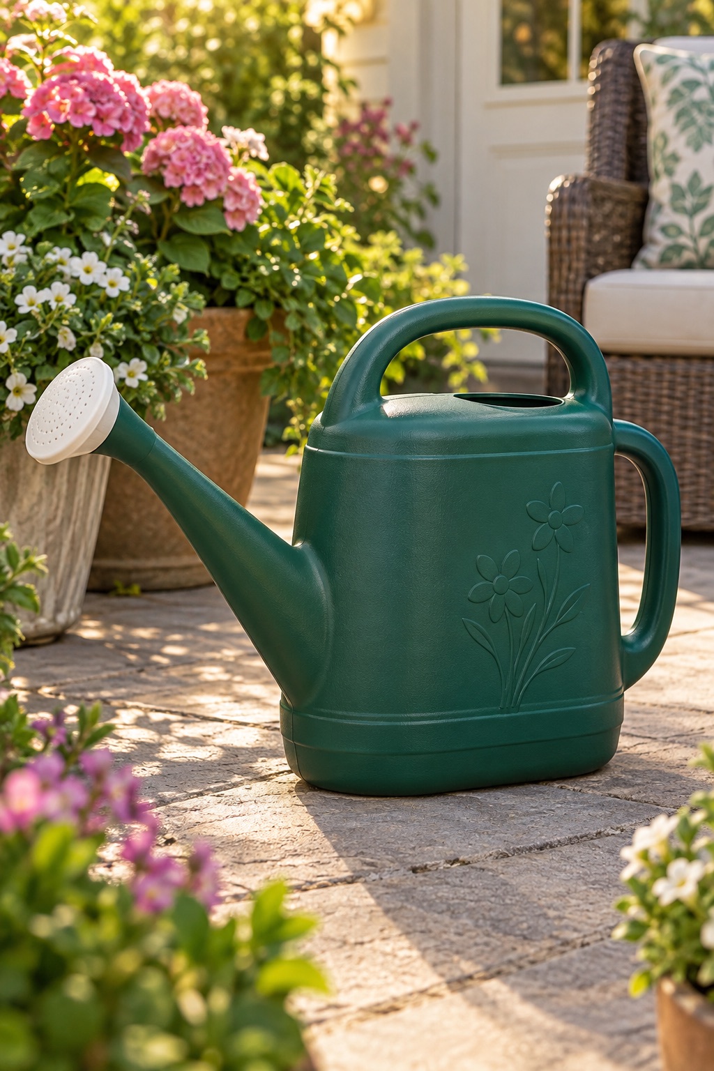 AI-generated visualization approximating the hunter-green PMU two-gallon watering can among patio planters.