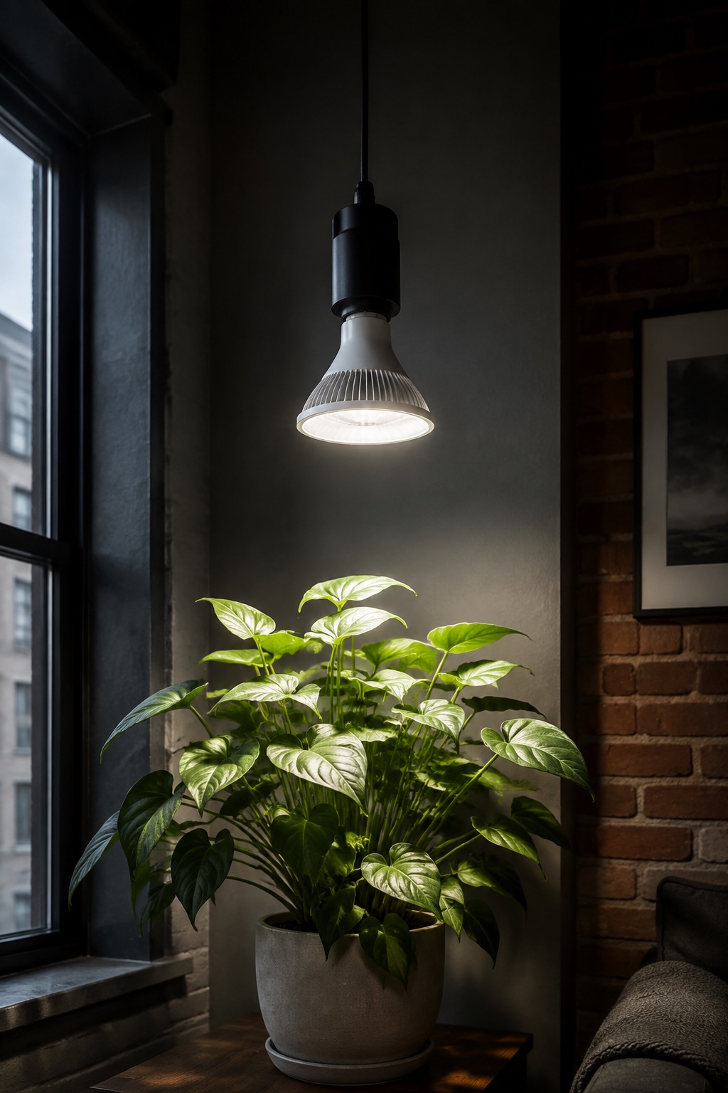 11 Compact Grow Lights for Dark Apartment Plant Shelves and Corners AI-generated visualization approximating a high-output BR30 grow bulb above a leafy houseplant