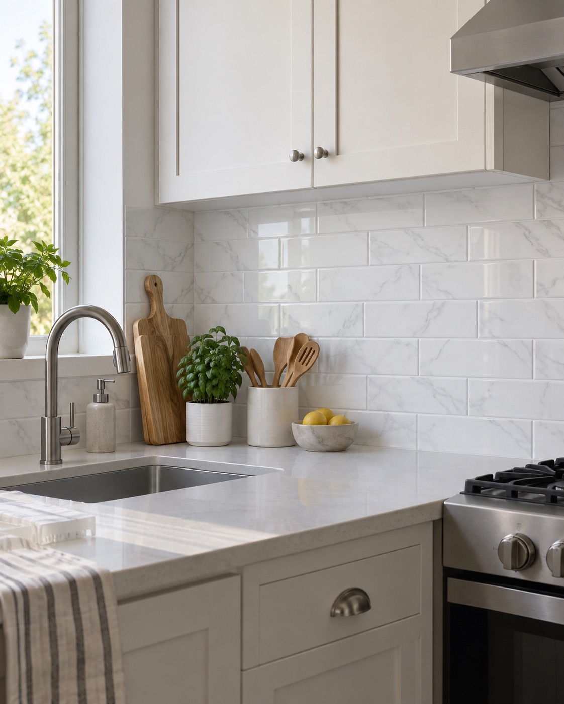 Dolomite white marble-look subway backsplash in a small kitchen