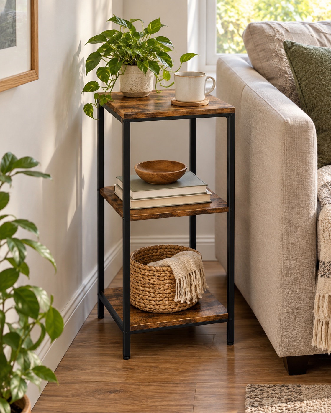 AI-generated visualization approximating the VASAGLE ULET273B01 slim three-tier side table in a narrow seating area