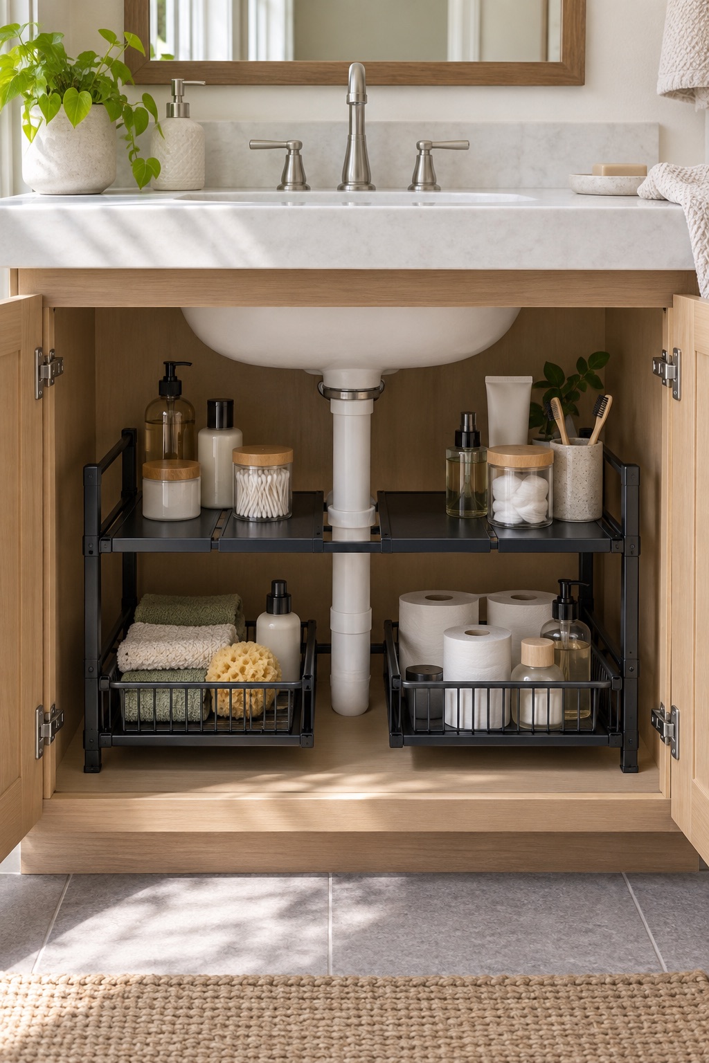 10 Under-Sink Organizers for Pipe-Crowded Bathroom Vanities AI-generated visualization of a wide expandable shelf spanning a bathroom vanity cabinet