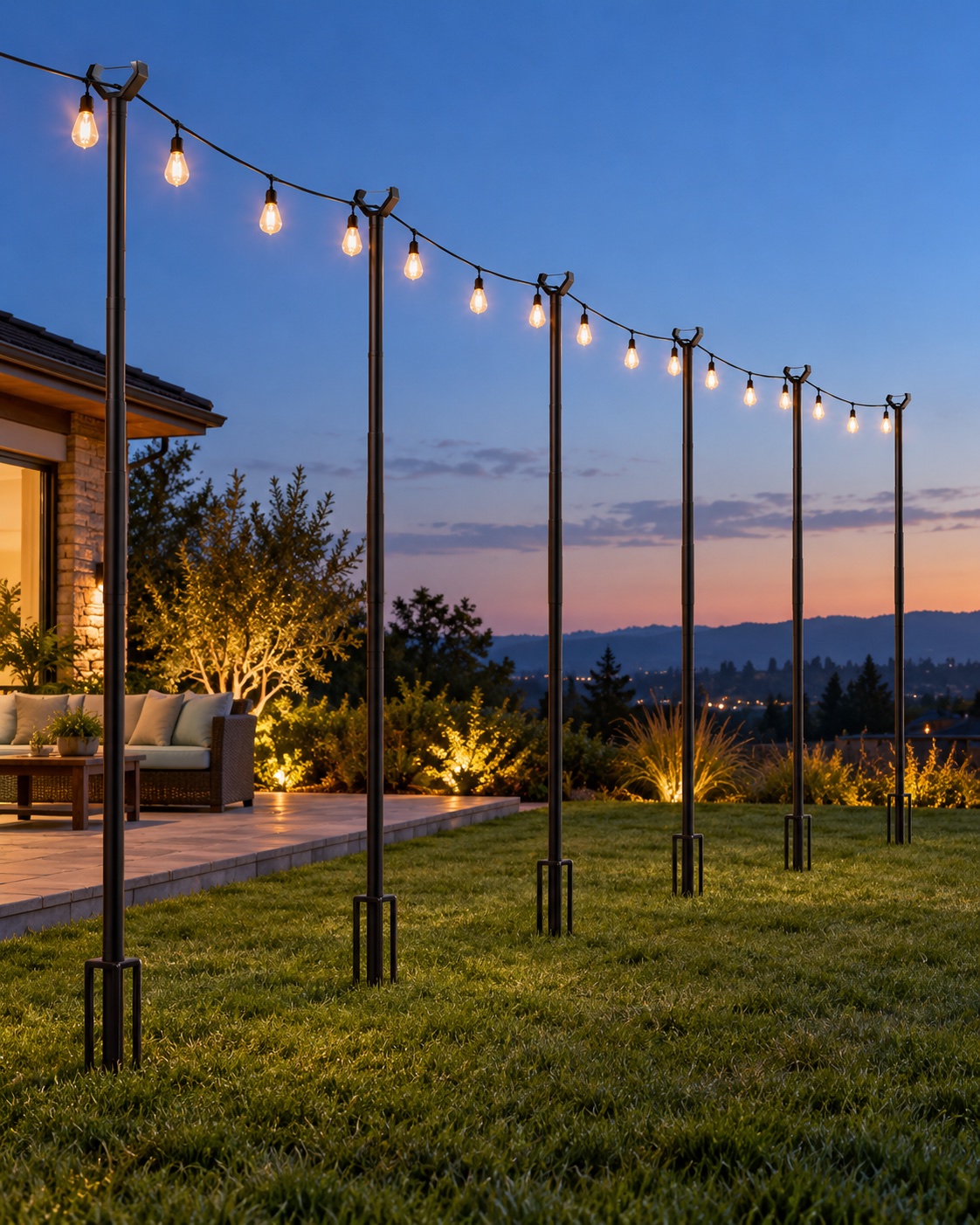 AI-generated visualization approximating the design of AHRLHR forked string light poles around a patio.