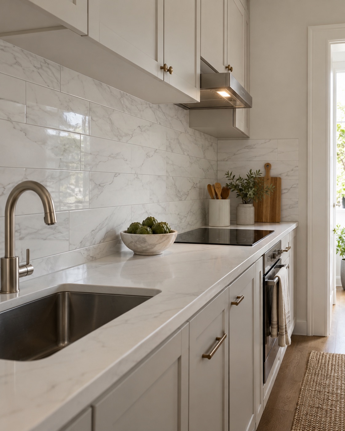 Long white and gray marble-look backsplash panels in a narrow kitchen