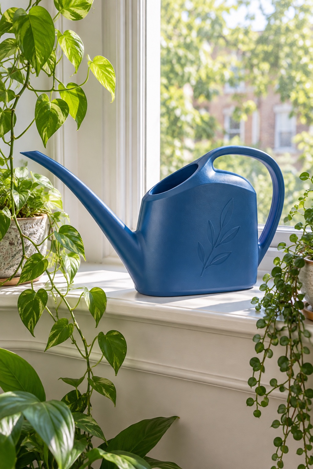 10 Long-Spout Watering Cans for Crowded Plant Shelves and Patio Pots AI-generated visualization accurately approximating the Classic Blue Bloem Aqua Rite slim watering can on a windowsill.