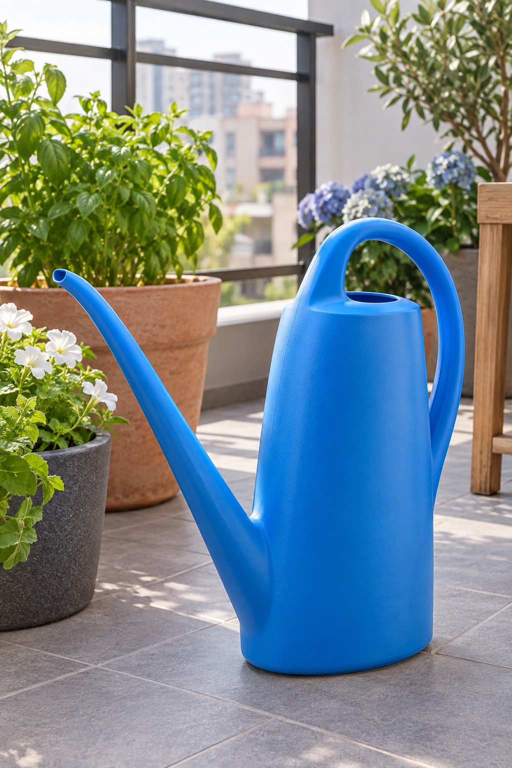 AI-generated visualization approximating the blue Fasmov one-gallon watering can on an apartment balcony.