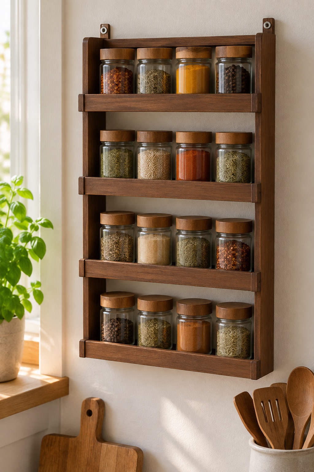 11 Wall-Mounted Spice Racks for Small Kitchens With No Counter Space Brown four-tier wall spice rack holding plain jars in a small kitchen