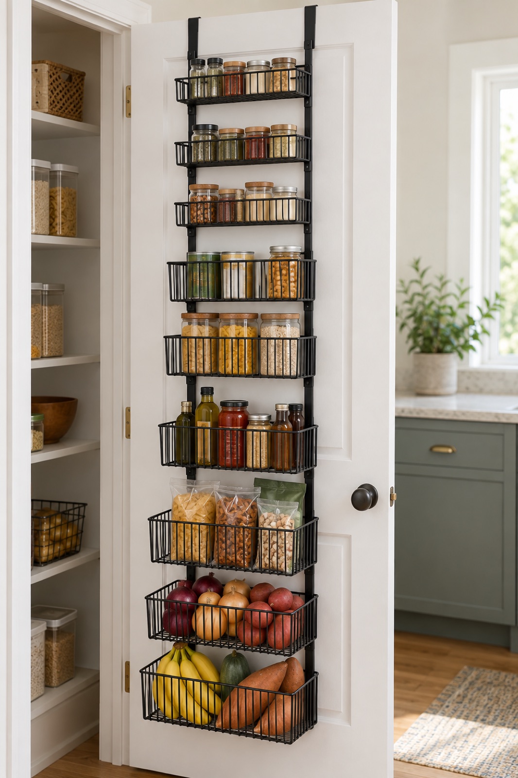 11 Over-the-Door Pantry Organizers for Narrow Kitchen Storage AI-generated visualization approximating the Moforoco black nine-tier metal over-door pantry organizer.