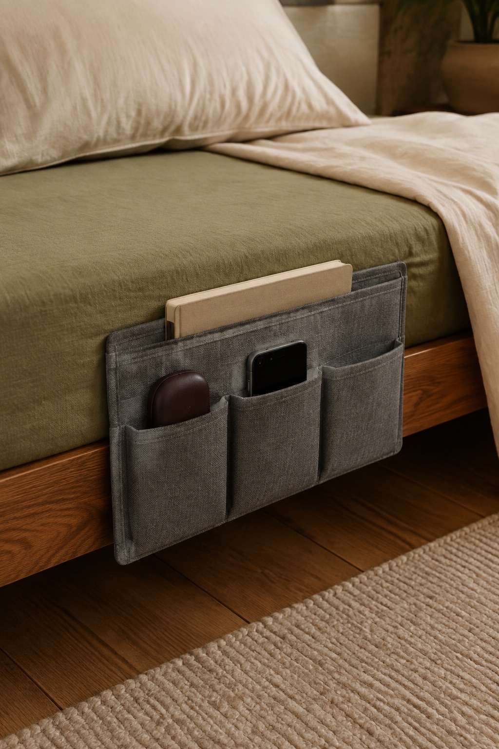 AI-generated visualization approximating the design of the SYSOV Four-Pocket Bedside Caddy, Gray beside a bed.