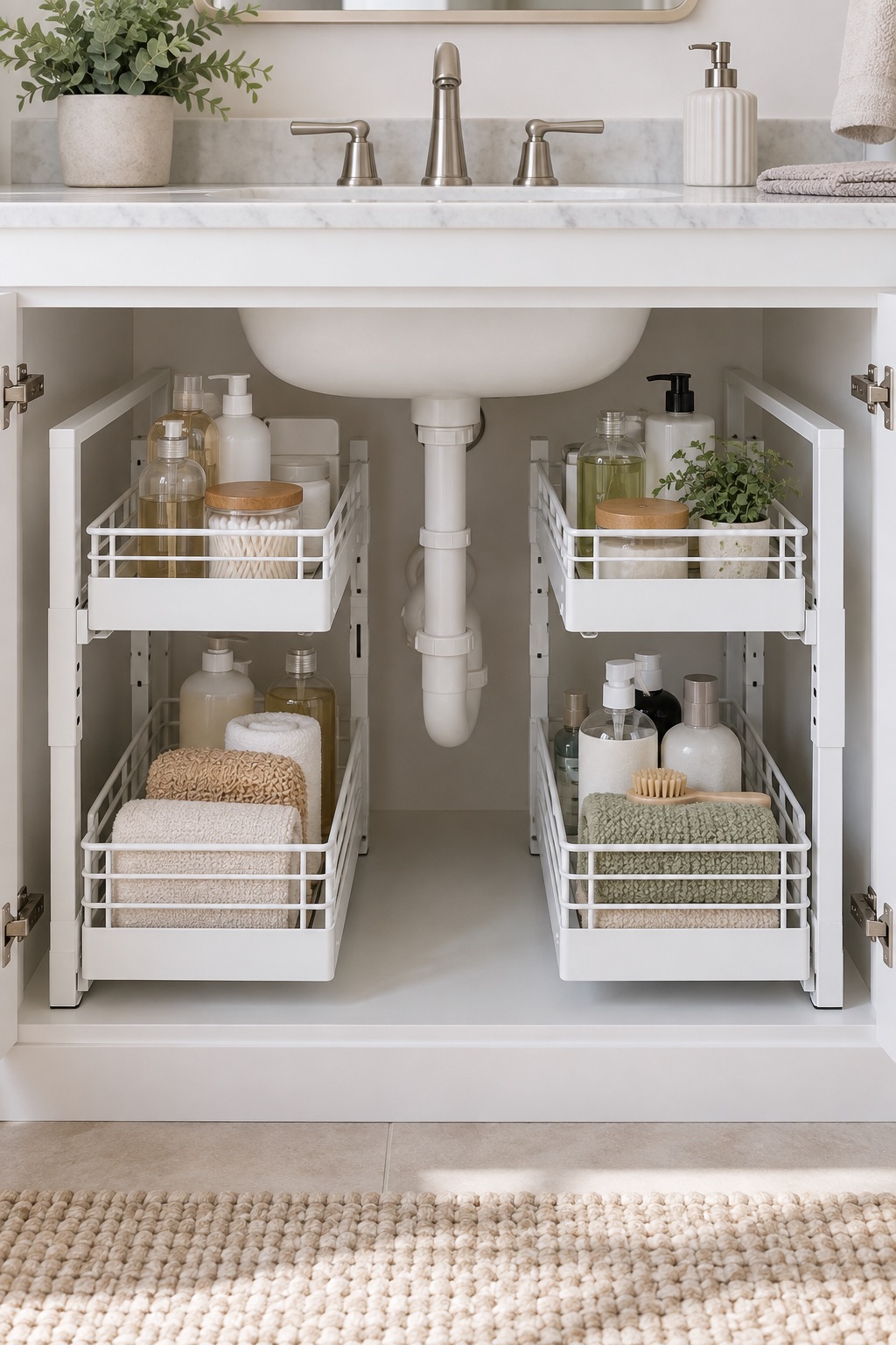 10 Under-Sink Organizers for Pipe-Crowded Bathroom Vanities AI-generated visualization of tall C-shaped pull-out shelves around bathroom plumbing