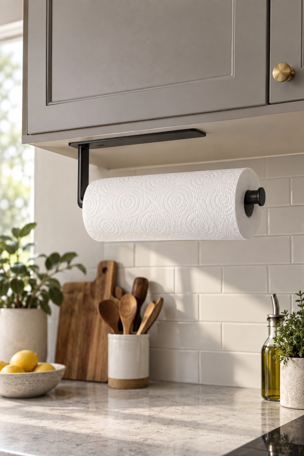 10 Wall-Mounted Paper Towel Holders for Rental Kitchens With Limited Counter Space AI-generated visualization approximating the VAEHOLD black adhesive paper towel holder beneath a gray cabinet.
