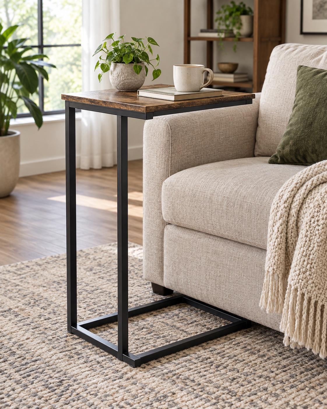 AI-generated visualization approximating the VASAGLE ULET353B01 tall C-shaped end table beside a compact sofa