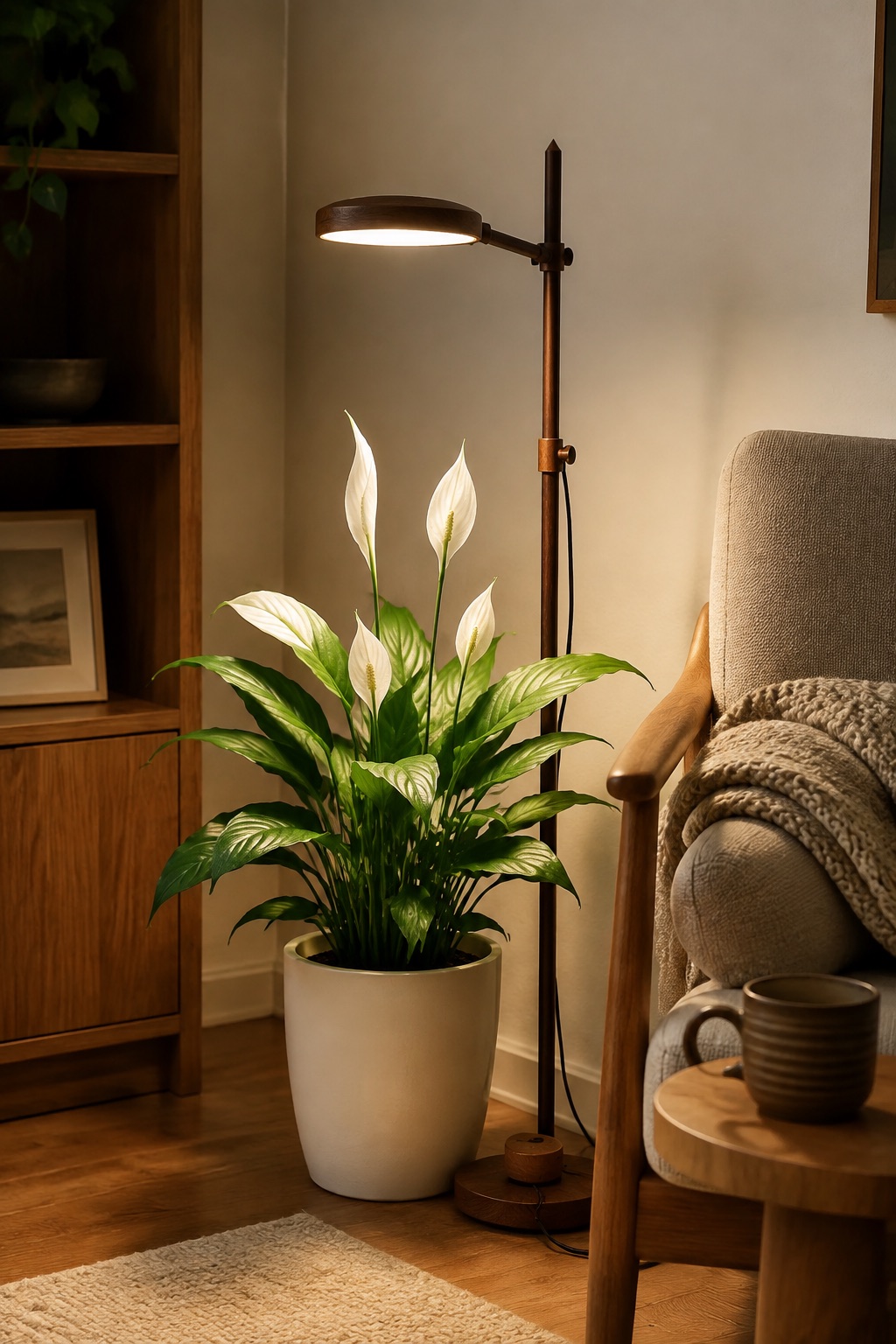 11 Compact Grow Lights for Dark Apartment Plant Shelves and Corners AI-generated visualization approximating an adjustable wood-finish grow light beside a peace lily