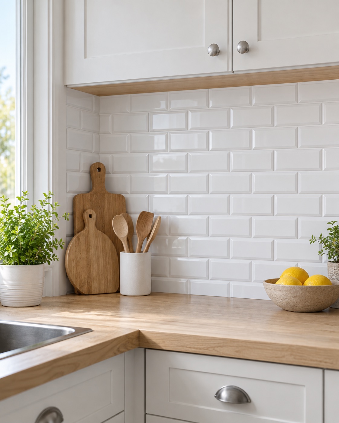 Raised white compact subway tile backsplash in a bright rental kitchen