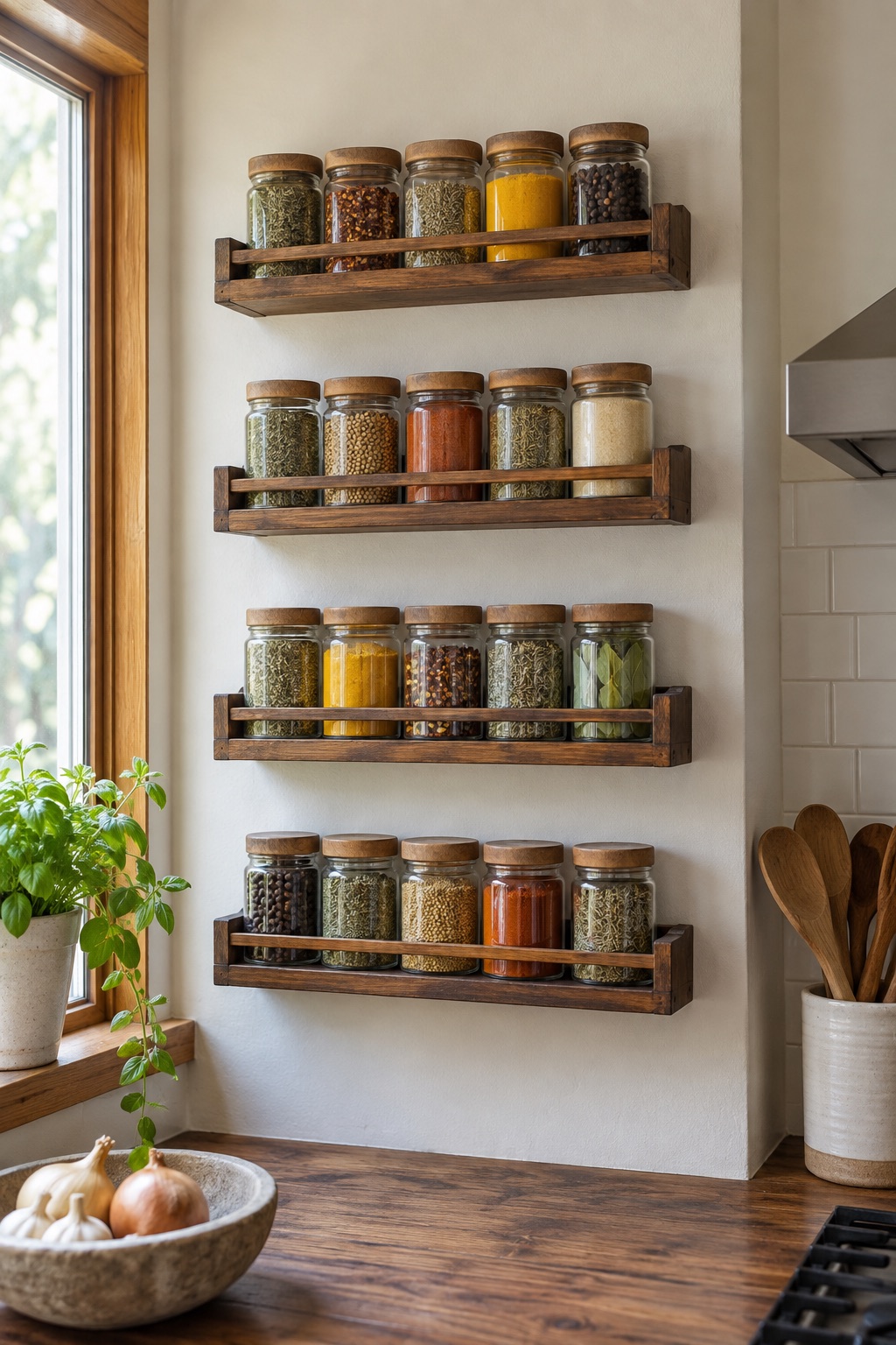 11 Wall-Mounted Spice Racks for Small Kitchens With No Counter Space Four narrow rustic wood spice shelves on a compact kitchen wall
