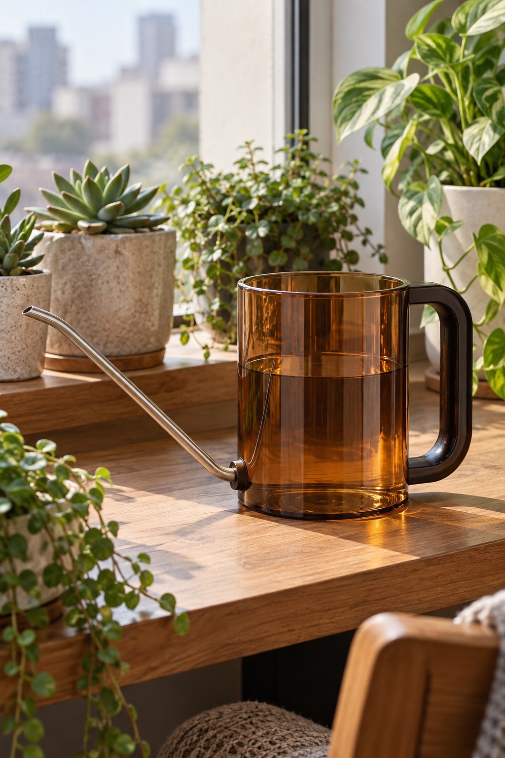 AI-generated visualization approximating the amber-brown DR.UANG one-liter watering can by small houseplants.