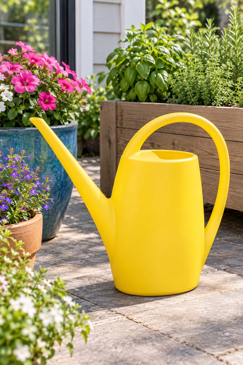 10 Long-Spout Watering Cans for Crowded Plant Shelves and Patio Pots AI-generated visualization accurately approximating the bright-yellow Fasmov one-gallon watering can on a patio.